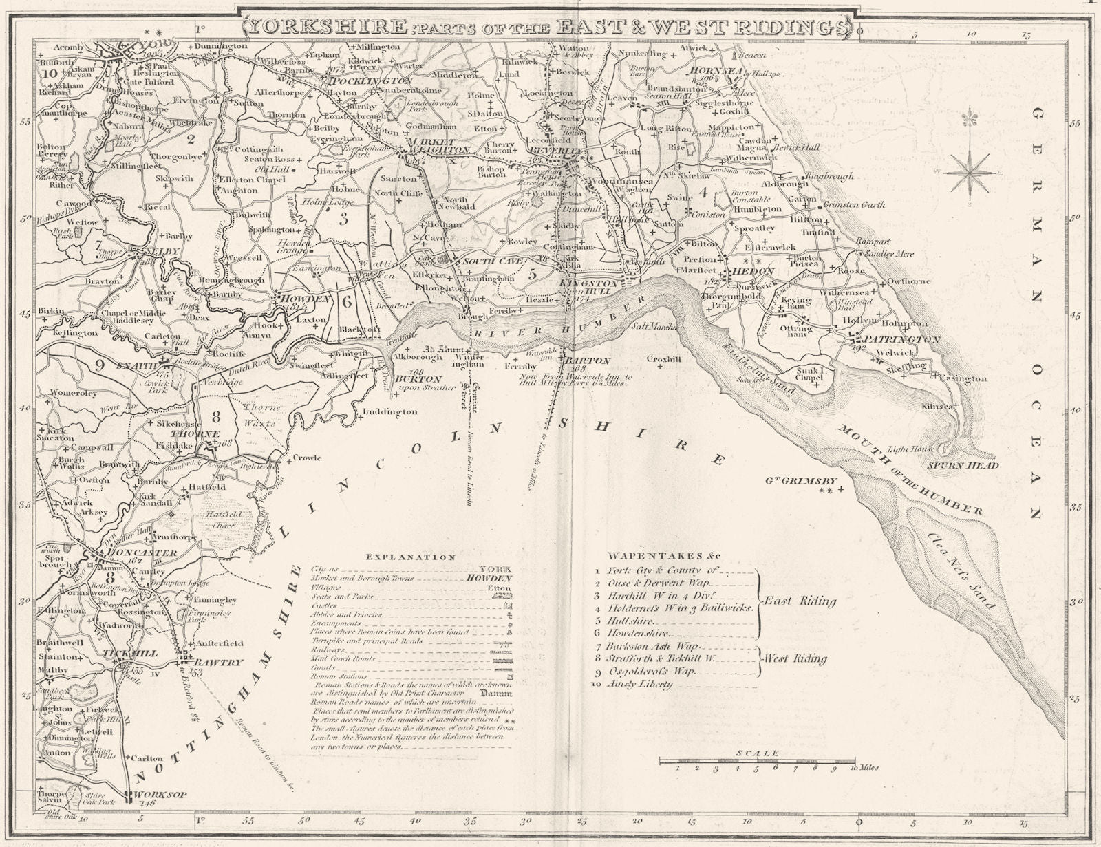YORKSHIRE EAST/WEST RIDINGS. County map.Polling places Coach roads. DUGDALE 1845